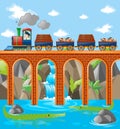 Train loaded with rocks and woods over the bridge