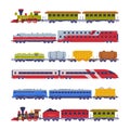 Train or Locomotive with Wagon Pulling Freight and Cargo Vector Set Royalty Free Stock Photo