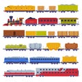 Train or Locomotive with Wagon Pulling Freight and Cargo Vector Set Royalty Free Stock Photo