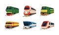Train locomotives set. Retro and modern freight and passenger rail transport flat vector illustration