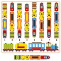 Train logic game. Find correct top view version of locomotive train with wagons, 3d puzzle test vector illustration