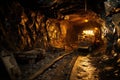 A train making its way through a tunnel that is filled with rocks that cover the tracks, underground mining tunne, AI Generated Royalty Free Stock Photo