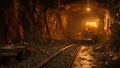 A train making its way through a tunnel that is filled with rocks that cover the tracks, underground mining tunne, AI Generated