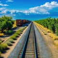 a train with many cargo containers on the side of the tracks in a desert area with a blue sky and clouds above it and a