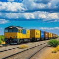 a train with many cargo containers on the side of the tracks in a desert area with a blue sky and clouds above it and a