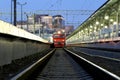 Train on Moscow passenger platform at night (Belorussky railway station) is one of the nine main railway stations in Moscow Royalty Free Stock Photo