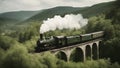 train in the mountains A vintage steam train crossing a stone bridge over a valley. The train is puffing white smoke