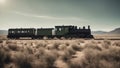 train in the mountains A vintage western train that puffs along a dry plain. The train is black and green, and has a worn look