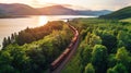 A train moves along tracks surrounded by dense, green foliage in a vibrant forest setting Royalty Free Stock Photo