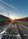 Train moves by rail, delivery of goods by freight train. Train carriages at the station