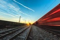 Train moves by rail, delivery of goods by freight train. Train carriages at the station