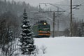 Train moving through the snowy woods Royalty Free Stock Photo