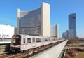 Train near UN building of United Nations Royalty Free Stock Photo
