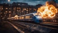 train in the night A on fire fast train burning, exploding, on fire, flames shooting out that speed through a cityscape