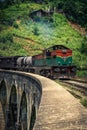 Vintage train on the nine arches Bridge in highlands near Ella, Sri Lanka