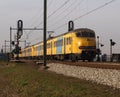 Train of the NS, dutch railways, type MAT`64 as local commuter in the polder of Moordrecht between Rotterdam and Gouda