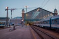 Train at Nyugati Railway Station in the evening, Budapest, Hungary Royalty Free Stock Photo