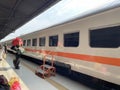 The train is at Pasar Senen station for the departure and arrival of passengers to and from the city Royalty Free Stock Photo