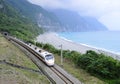 A train passed by the Pacific Ocean