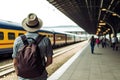 A train passenger with a backpack is waiting for the arrival of transport. Generative ai