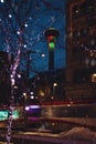 Train Passing By The Calgary Tower At Night Royalty Free Stock Photo