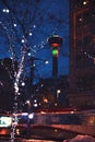 Train Passing By The Calgary Tower At Night Royalty Free Stock Photo