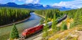 Train passing famous Morant`s curve in Banff ,Canada Royalty Free Stock Photo
