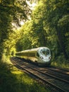 Train passing through lush green forest Royalty Free Stock Photo