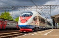 Train peregrine falcon high-speed train peregrine falcon Russian railway. Russia Leningrad region Lyuban May 26, 2019