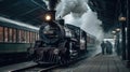 A train pulling into a station with steam billowing out created with Generative AI