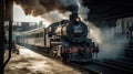 A train pulling into a station with steam billowing out created with Generative AI