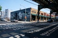Train rail, graffiti and architecture in brooklyn, new york city Royalty Free Stock Photo