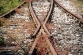 Railroad track junction and exchanging point with wooden sleepers