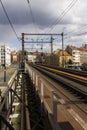 Train rail tracks in the middle of Prague Royalty Free Stock Photo