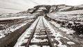 Train Railway Tracks Snow Mountains Black White Landscape