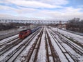 Train on railroad tracks in winter Royalty Free Stock Photo