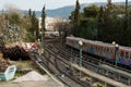 Train on rails from a bridge in Thision