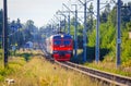 The train is on the rails in the evening. railway. Electric train Russia, Leningrad region, Gatchina, August 8, 2018