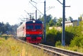 The train is on the rails in the evening. railway. Electric train Russia, Leningrad region, Gatchina, August 8, 2018