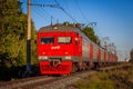 The train is on the rails in the evening. railway. Electric train Russia, Leningrad region, Gatchina, August 8, 2018