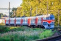 The train is on the rails in the evening. railway. Electric train Russia, Leningrad region, Gatchina, August 8, 2018