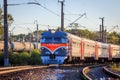 The train is on the rails in the evening. railway. Electric train Russia, Leningrad region, Gatchina, August 8, 2018