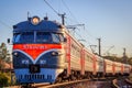 The train is on the rails in the evening. railway. Electric train Russia, Leningrad region, Gatchina, August 8, 2018