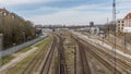 Train rails near Aarhus train station. in the background the riggade bridge is seen Royalty Free Stock Photo