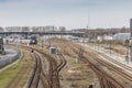 Train rails near Aarhus train station. in the background the riggade bridge is seen Royalty Free Stock Photo