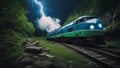 train on the railway blue electricity, A retro train hit by lightning, electric sparks,