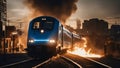 train on the railway A on fire fast train burning, exploding, on fire, flames shooting out that speeds through a cityscape