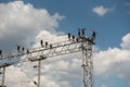 Train or railway power line support. Railway power lines with high voltage electricity on metal poles against blue sky. Royalty Free Stock Photo