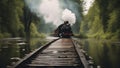 train on the railway A steam train on a wooden trestle bridge over a river. The train is splashing water Royalty Free Stock Photo