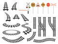 Train railway tracks curved silhouette, barrier and road signs. Railroad perspective and top map view. Tram winding roads element